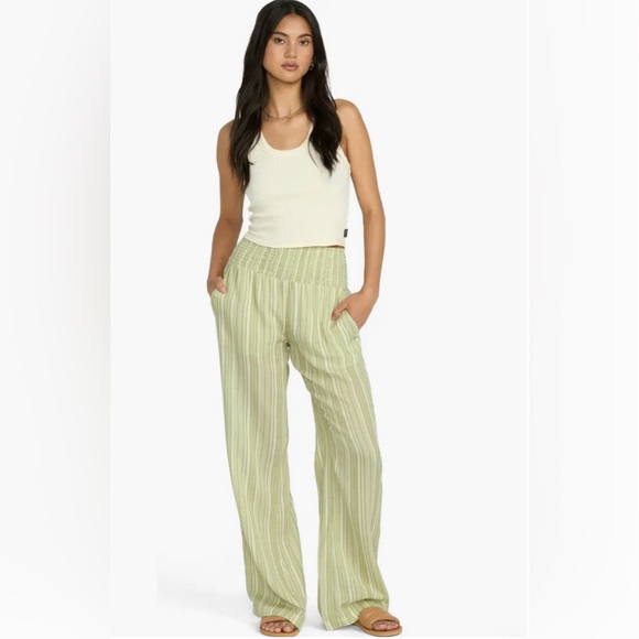 New Waves Stripe Smock Waist Cotton Gauze Pants Avocado Stripe - Picture 1 of 9